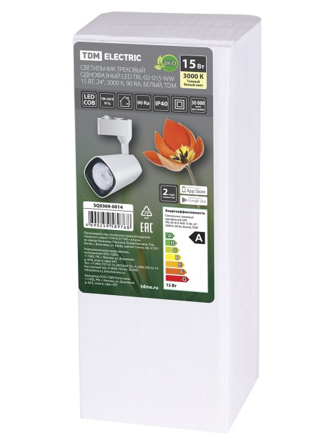 Светильник трековый однофазный LED TRL-02-015-WW 15 Вт, 24°, 3000 К, 90 Ra, белый, TDM Светильник трековый однофазный LED TRL-02-015-WW 15 Вт, 24°, 3000 К, 90 Ra, белый, TDM