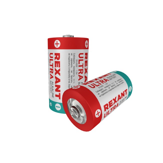 Батарейка алкалиновая D/LR20, 1,5В, 2 шт, блистер REXANT