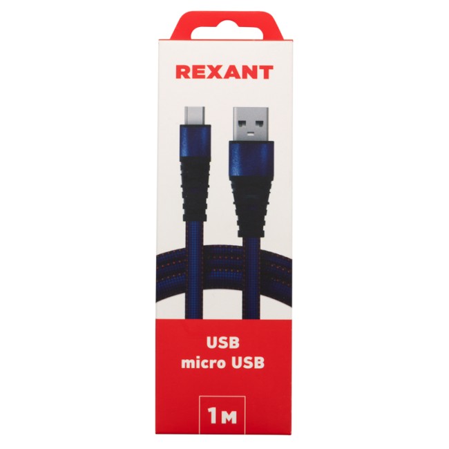Кабель REXANT USB-microUSB 1 м, плоский провод, синяя джинсовая оплетка 