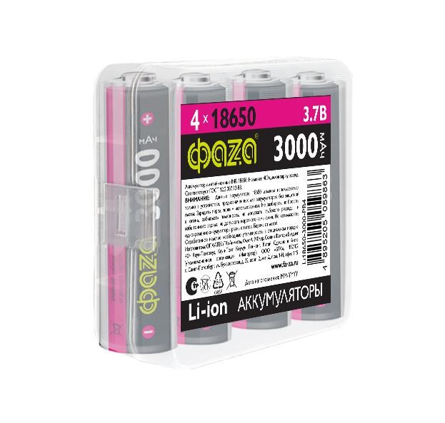Аккумулятор 18650 3.7В Li-Ion 3000мА.ч без платы защиты PB-4 (уп.4шт) ФАZА 5059863 Аккумулятор 18650 3.7В Li-Ion 3000мА.ч без платы защиты PB-4 (уп.4шт) ФАZА 5059863