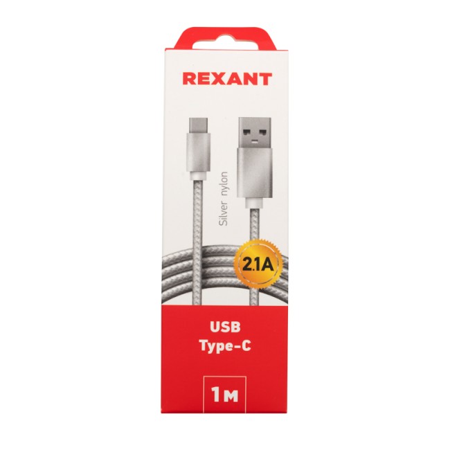 Кабель USB-Type-C/2,1A/nylon/silver/1m/REXANT