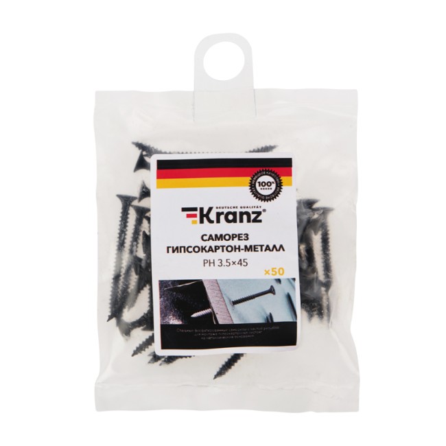 Саморез гипсокартон-металл KRANZ 3.5х45, пакет (50 шт./уп.) Саморез гипсокартон-металл KRANZ 3.5х45, пакет (50 шт./уп.)
