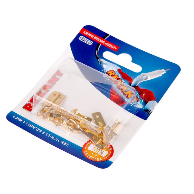 Клемма плоская штекер 6.3 мм, 0.75-1.5 мм², (РП-п 1.5-(6.3) L = 25,5 мм) в упак. 10 шт. REXANT Клемма плоская штекер 6.3 мм, 0.75-1.5 мм², (РП-п 1.5-(6.3) L = 25,5 мм) в упак. 10 шт. REXANT