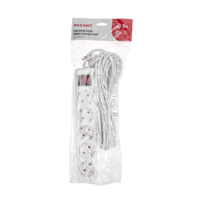 Удлинитель STANDARD 5 гнезд, 5м, 3х1,0мм², с/з, с выключателем, белый REXANT