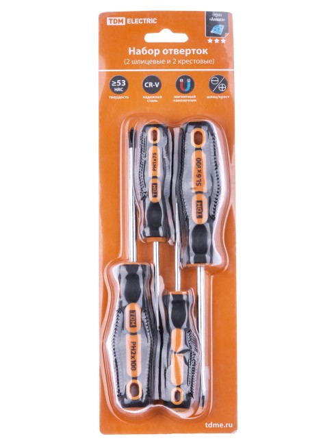 Набор отверток 4 шт.: SL5х75, SL6х100, PH1х75, PH2х100 (блистер), CR-V "Алмаз" TDM Набор отверток 4 шт.: SL5х75, SL6х100, PH1х75, PH2х100 (блистер), CR-V "Алмаз" TDM