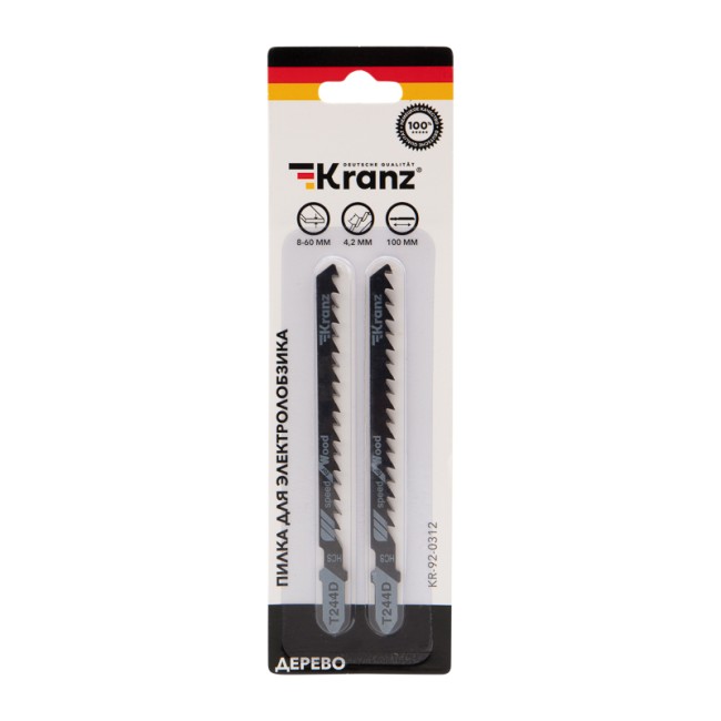 Пилка для электролобзика по дереву T244D 100 мм 6 зубьев на дюйм 8-60 мм фигурный рез (2 шт./уп.) Kranz Пилка для электролобзика по дереву T244D 100 мм 6 зубьев на дюйм 8-60 мм фигурный рез (2 шт./уп.) Kranz