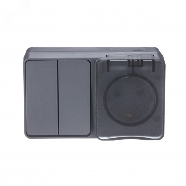 AtlasDesign Profi54 БЛОК: розетка с заземлением со шторками 16А 250B, выключатель двухклавишный IP54 10А, АНТРАЦИТ, Россия AtlasDesign Profi54 БЛОК: розетка с заземлением со шторками 16А 250B, выключатель двухклавишный IP54 10А, АНТРАЦИТ, Россия