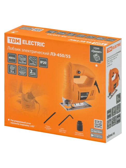 Лобзик электрический ЛЭ-450/55, мощ. 450 Вт, пропил 55 мм, 3000 ход/мин, шнур 3 м, "Гранит" ТDM Лобзик электрический ЛЭ-450/55, мощ. 450 Вт, пропил 55 мм, 3000 ход/мин, шнур 3 м, "Гранит" ТDM