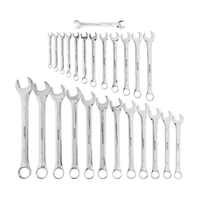 Набор ключей комбинированных 6х32мм, 26 шт, CrV, полированный хром REXANT Набор ключей комбинированных 6х32мм, 26 шт, CrV, полированный хром REXANT