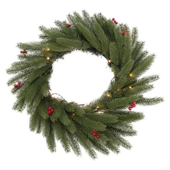 Еловый венок с ягодами и гирляндой NEON-NIGHT Ø 45 см, 20 LED, 2 х АА, литой, теплое белое свечение Еловый венок с ягодами и гирляндой NEON-NIGHT Ø 45 см, 20 LED, 2 х АА, литой, теплое белое свечение