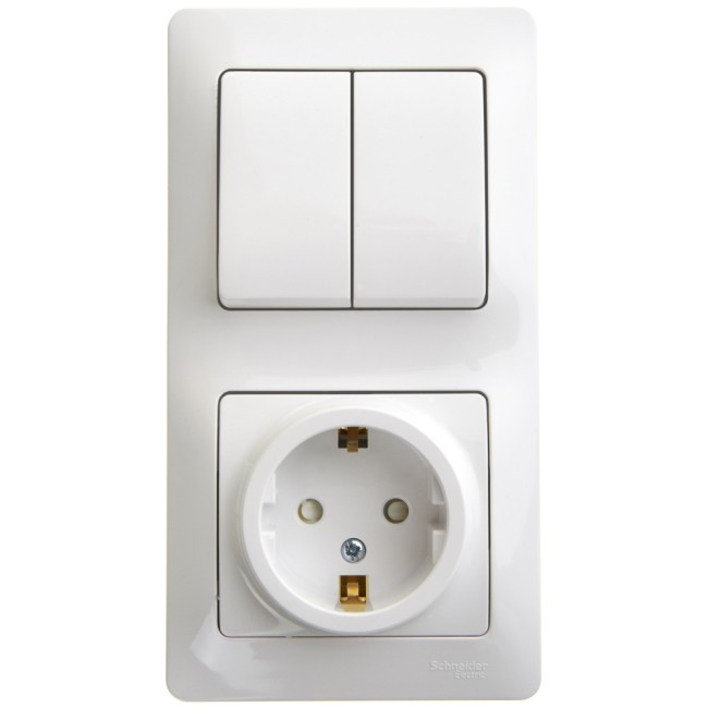 Блок: розетка с заземлением со шторками + выключатель двухклавишный белый Блок: розетка с заземлением со шторками + выключатель двухклавишный белый