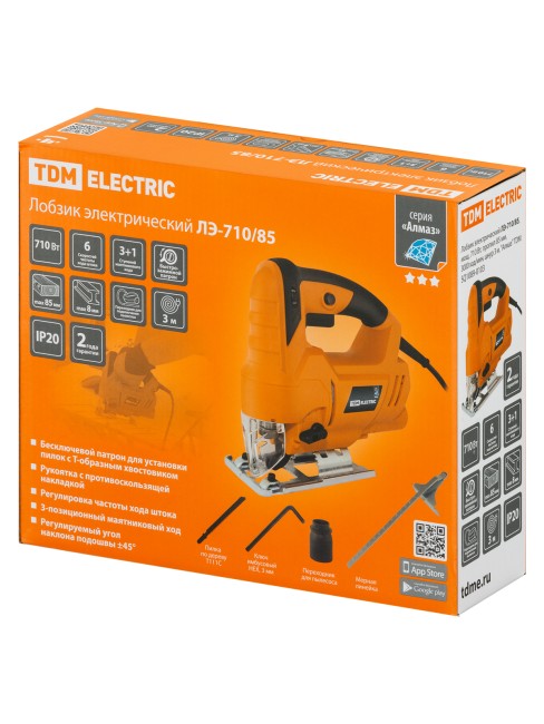 Лобзик электрический ЛЭ-710/85, мощ. 710 Вт, пропил 85 мм, 3000 ход/мин, шнур 3 м, "Алмаз" ТDM Лобзик электрический ЛЭ-710/85, мощ. 710 Вт, пропил 85 мм, 3000 ход/мин, шнур 3 м, "Алмаз" ТDM