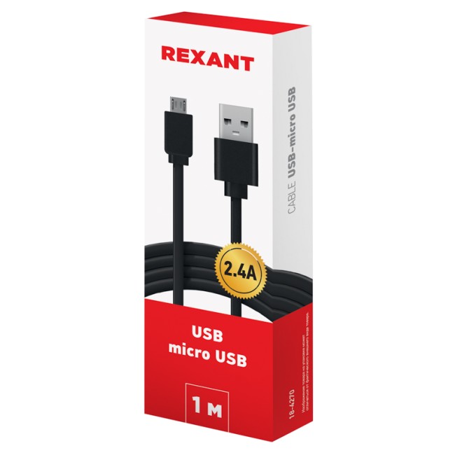 Кабель USB-micro USB/2,4A/PVC/black/1m/REXANT