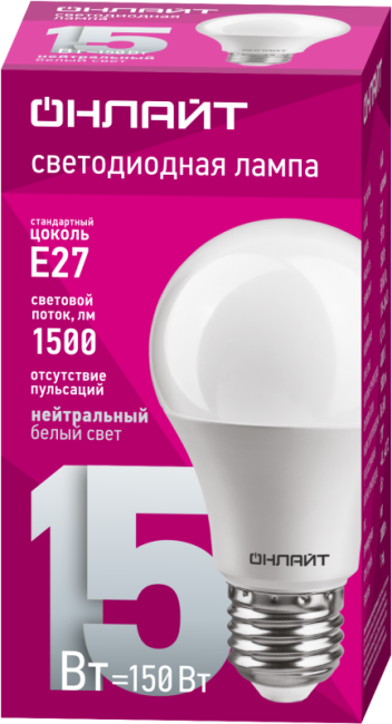 Лампа светодиодная 61 150 OLL-A60-15-230-4K-E27 15Вт грушевидная ОНЛАЙТ 61150