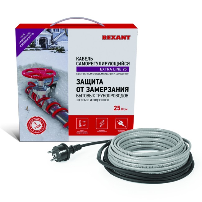 Кабель греющий саморегулирующийся Extra Line 25MSR-PB, на трубу, 9м/225Вт REXANT Кабель греющий саморегулирующийся Extra Line 25MSR-PB, на трубу, 9м/225Вт REXANT