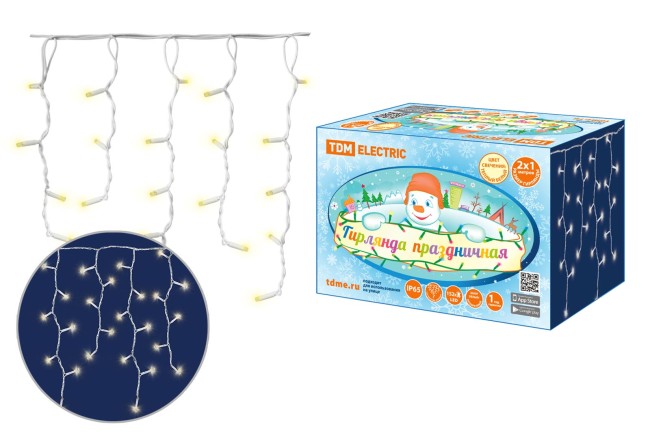 Гирлянда светодиодная "Бахрома" 2х1м, 152LED, 3000К, бел. шнур, посл. подкл, IP65, 250 В, TDM Гирлянда светодиодная "Бахрома" 2х1м, 152LED, 3000К, бел. шнур, посл. подкл, IP65, 250 В, TDM
