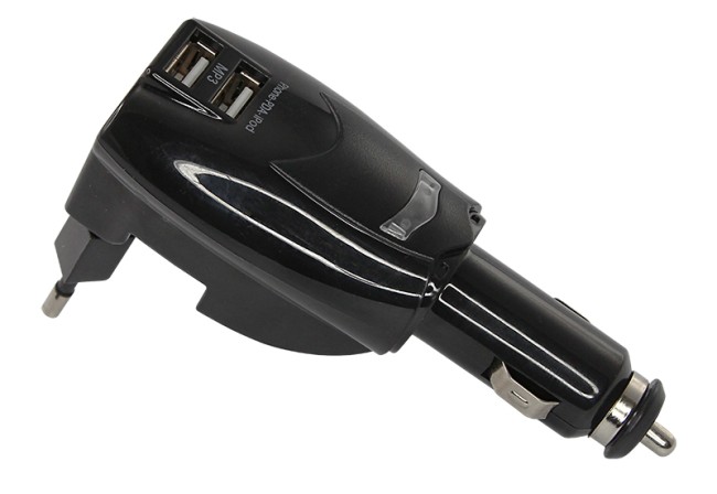 Универсальное ЗУ-трансформер авто+сетевое 2 USB цвет черный (2х1000 mA)c индикатором, блистер
