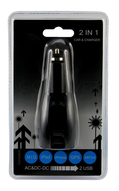 Универсальное ЗУ-трансформер авто+сетевое 2 USB цвет черный (2х1000 mA)c индикатором, блистер