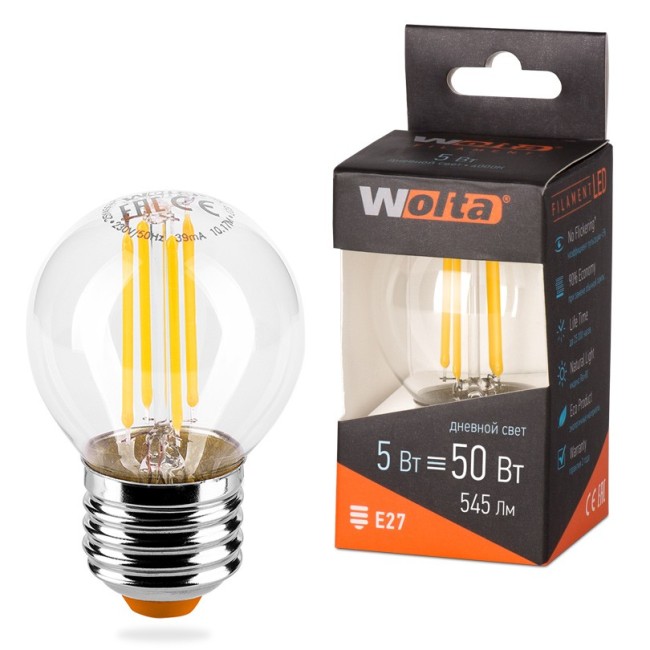 Светодиодная лампа WOLTA FILAMENT 25S45GLFT5E27 5Вт 4000K Е27 Светодиодная лампа WOLTA FILAMENT 25S45GLFT5E27 5Вт 4000K Е27