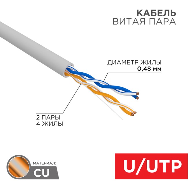 Кабель витая пара U/UTP, CAT 5e, PVC, 2PR, 24AWG, INDOOR, SOLID, серый, 305м, PROconnect