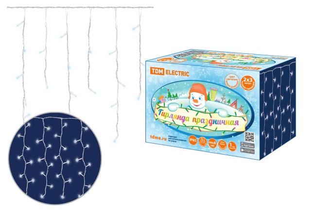 Гирлянда светодиодная "Занавес" 2х3м, 600LED, 6500К, бел. шнур, посл. подкл, IP65, 250 В, TDM Гирлянда светодиодная "Занавес" 2х3м, 600LED, 6500К, бел. шнур, посл. подкл, IP65, 250 В, TDM