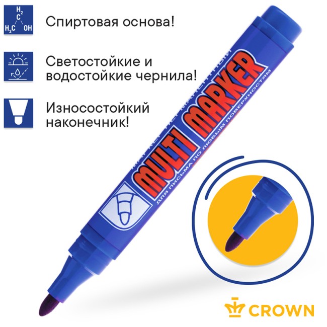 Маркер перманентный Multi Marker 3мм, синий, пулевидный Crown Маркер перманентный Multi Marker 3мм, синий, пулевидный Crown