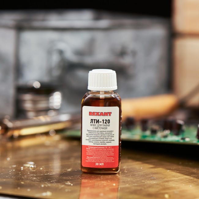 Флюс для пайки, ЛТИ-120, 30мл, с кисточкой, флакон REXANT Флюс для пайки, ЛТИ-120, 30мл, с кисточкой, флакон REXANT