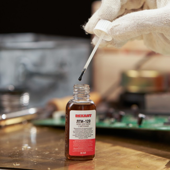 Флюс для пайки, ЛТИ-120, 30мл, с кисточкой, флакон REXANT Флюс для пайки, ЛТИ-120, 30мл, с кисточкой, флакон REXANT