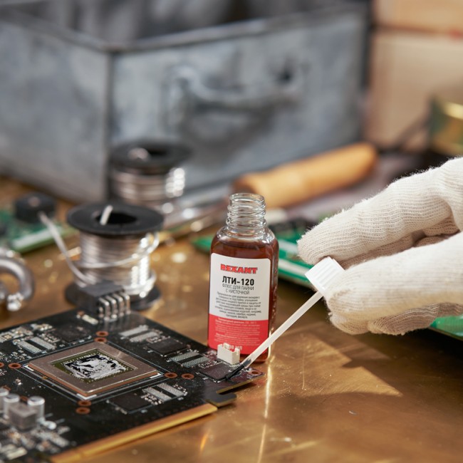 Флюс для пайки, ЛТИ-120, 30мл, с кисточкой, флакон REXANT Флюс для пайки, ЛТИ-120, 30мл, с кисточкой, флакон REXANT