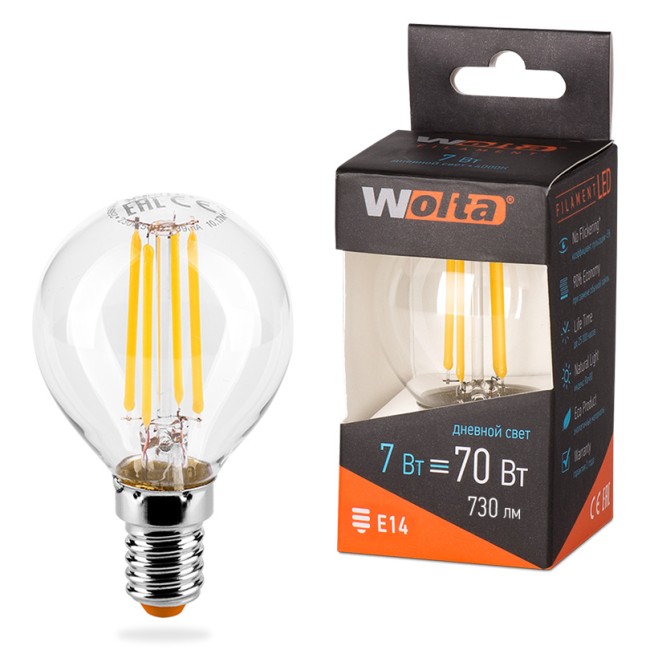 Светодиодная лампа WOLTA FILAMENT 25S45GLFT7E14 7Вт 4000K Е14