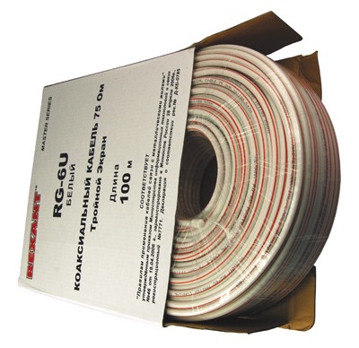 Кабель коаксиальный RG-6U, 75Ом, Cu/Al/Cu/Al, 90%, две фольги, 100м, INDOOR, белый REXANT