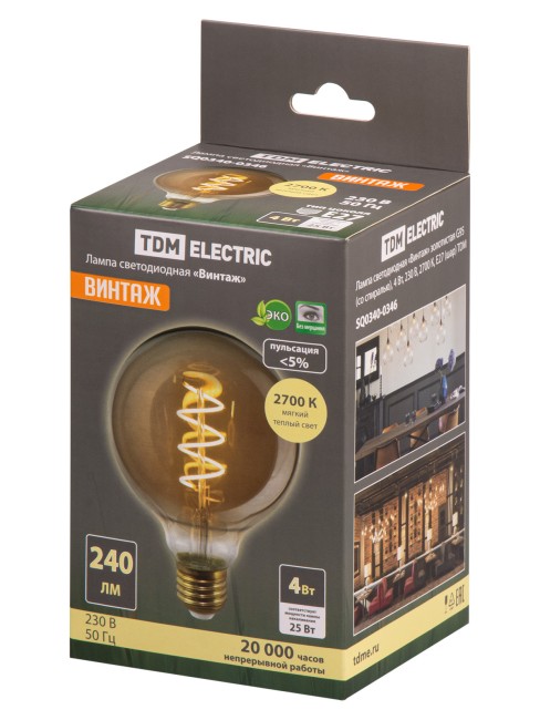 Лампа светодиодная «Винтаж» золотистая G95 (со спиралью), 4 Вт, 230 В, 2700 К, E27 (шар) TDM