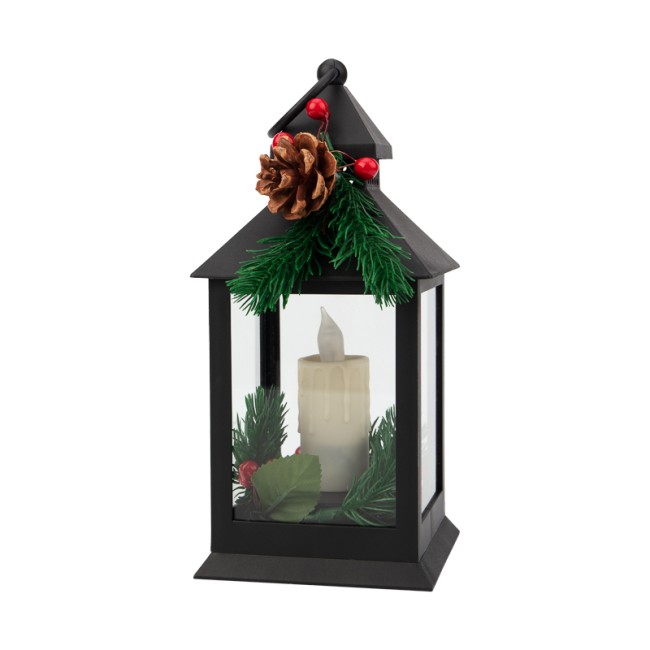Декоративный фонарь со свечкой и шишкой, черный корпус, размер 10,7x10,7x23,5 см, цвет теплый белый Декоративный фонарь со свечкой и шишкой, черный корпус, размер 10,7x10,7x23,5 см, цвет теплый белый