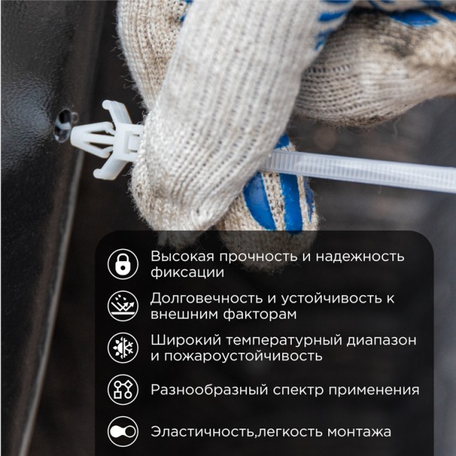 Стяжка нейлоновая с крепежным пистоном 100x2,5мм, ø 2,4мм, белая (100 шт/уп) REXANT