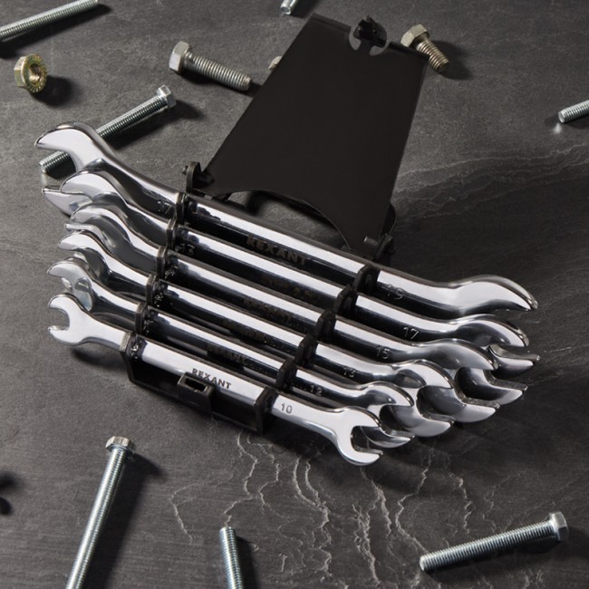 Набор ключей рожковых (8-19мм), 6 шт, CrV, зеркальное хромирование REXANT  Набор ключей рожковых (8-19мм), 6 шт, CrV, зеркальное хромирование REXANT