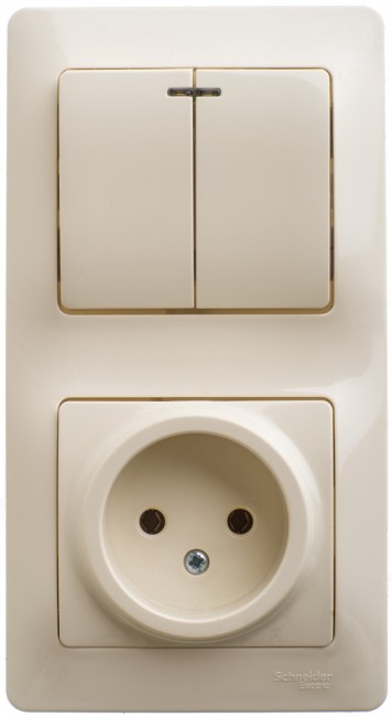 Блок: розетка + выключатель двухклавишный с подсветкой бежевый Блок: розетка + выключатель двухклавишный с подсветкой бежевый