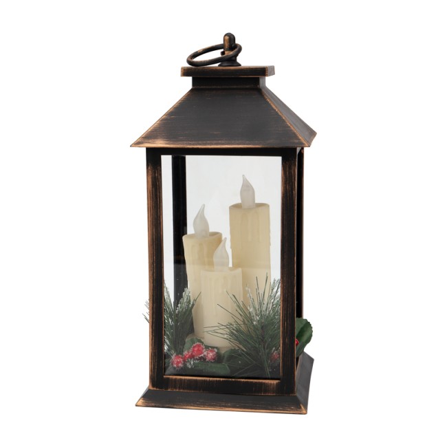 Декоративный фонарь со свечкой и шишкой, бронзовый корпус, размер 14x14x27 см, цвет теплый белый Декоративный фонарь со свечкой и шишкой, бронзовый корпус, размер 14x14x27 см, цвет теплый белый