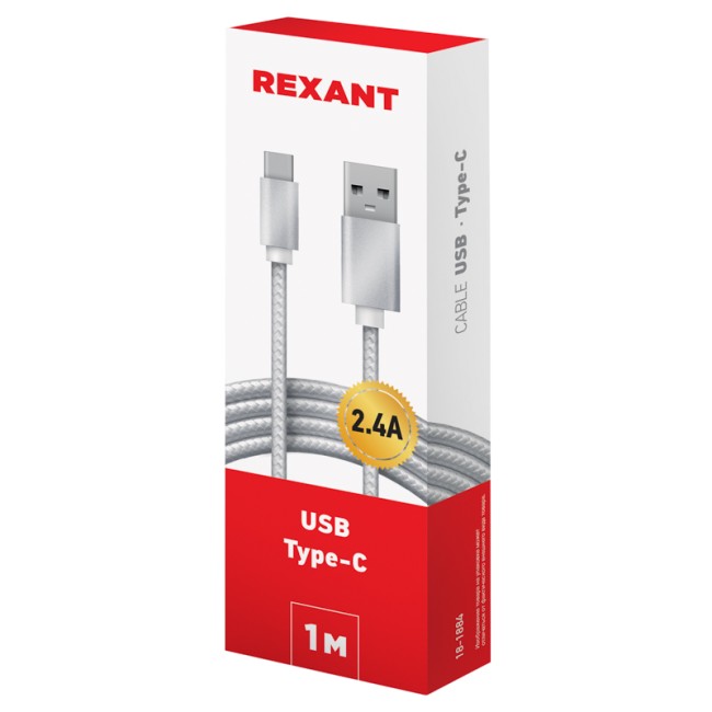 Кабель USB-Type-C/2,4A/nylon/silver/1m/REXANT
