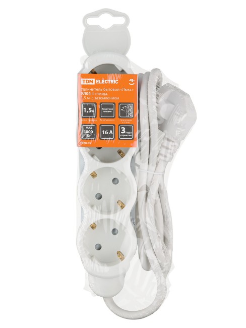 Удлинитель бытовой "Люкс" УЛ04 4 гнезда, 1,5м, с/з, с з/ш, ПВС 3х1мм2 16А/250В бело-серый TDM Удлинитель бытовой "Люкс" УЛ04 4 гнезда, 1,5м, с/з, с з/ш, ПВС 3х1мм2 16А/250В бело-серый TDM