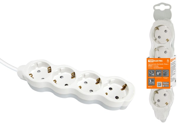 Удлинитель бытовой "Люкс" УЛ04 4 гнезда, 1,5м, с/з, с з/ш, ПВС 3х1мм2 16А/250В бело-серый TDM Удлинитель бытовой "Люкс" УЛ04 4 гнезда, 1,5м, с/з, с з/ш, ПВС 3х1мм2 16А/250В бело-серый TDM