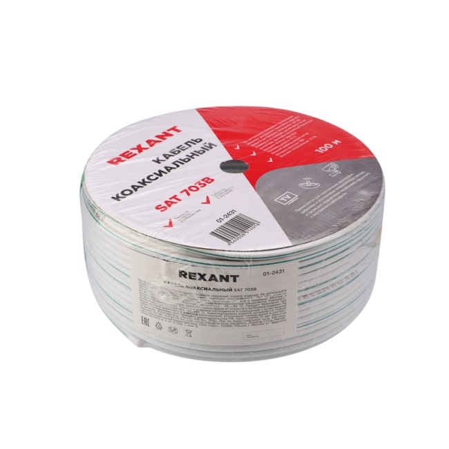 Кабель коаксиальный SAT 703 B, Cu/Al/Cu, 75%, 75Ом, 100м, INDOOR, белый REXANT Кабель коаксиальный SAT 703 B, Cu/Al/Cu, 75%, 75Ом, 100м, INDOOR, белый REXANT