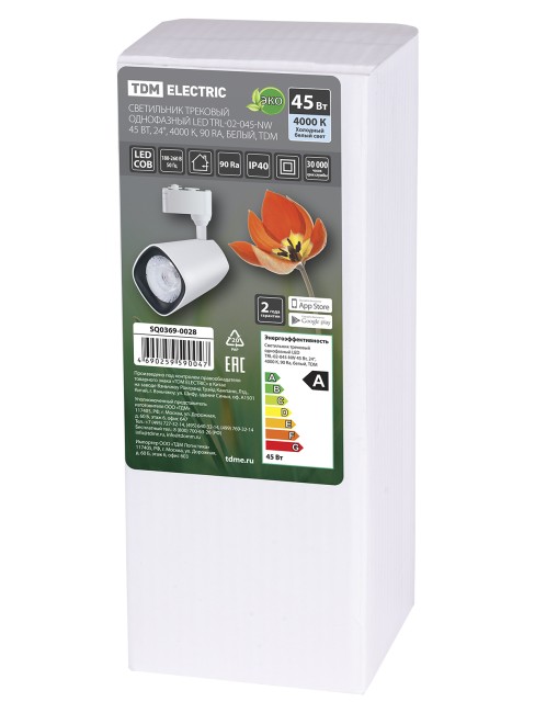 Светильник трековый однофазный LED TRL-02-045-NW 45 Вт, 24°, 4000 К, 90 Ra, белый, TDM Светильник трековый однофазный LED TRL-02-045-NW 45 Вт, 24°, 4000 К, 90 Ra, белый, TDM