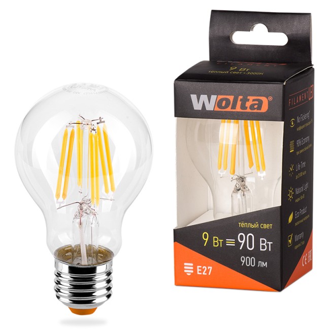 Светодиодная лампа WOLTA FILAMENT 25Y60BLFT9E27 9Вт 3000K Е27