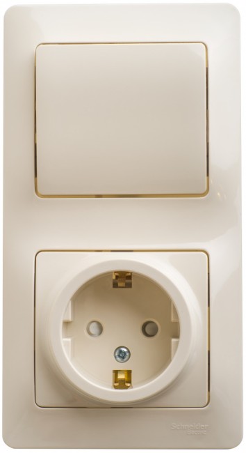 Блок: розетка с заземлением со шторками + выключатель одноклавишный бежевый Блок: розетка с заземлением со шторками + выключатель одноклавишный бежевый