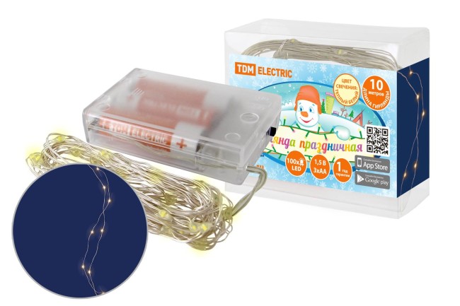 Гирлянда светодиодная "Роса100" 100LED, 10м, 3000К, 3хАА, TDM Гирлянда светодиодная "Роса100" 100LED, 10м, 3000К, 3хАА, TDM