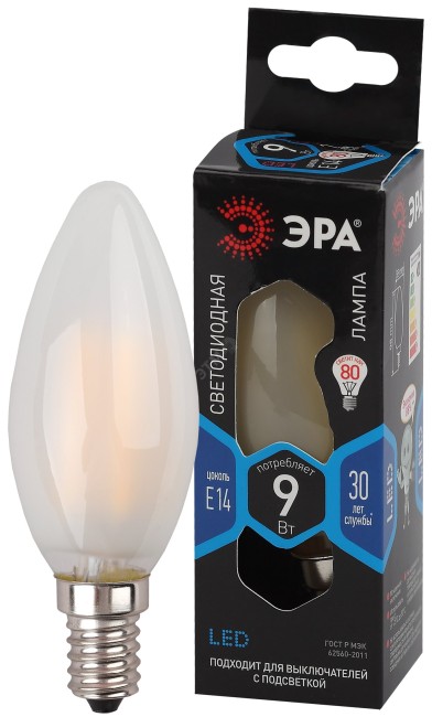 Лампа светодиодная F-LED B35-9w-840-E14 frost  (филамент, свеча мат, 9Вт, нейтр, E14) (10/100/5000) ЭРА