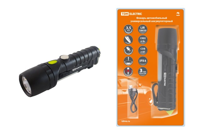 Фонарь автомоб. универс., 6 Вт CREE+3 Вт COB,1x18650 2200 мА*ч, магн., подвес, USB, стропорез,TDM Фонарь автомоб. универс., 6 Вт CREE+3 Вт COB,1x18650 2200 мА*ч, магн., подвес, USB, стропорез,TDM