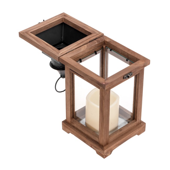 Декоративный фонарь со свечкой, корпус из дерева, размер 14х14х35cм, цвет теплый белый Декоративный фонарь со свечкой, корпус из дерева, размер 14х14х35cм, цвет теплый белый