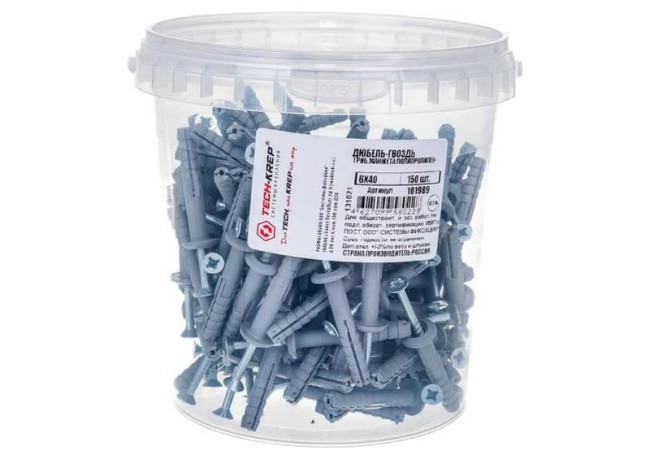 Дюбель-гвоздь 6х40 с грибовидной манжетой полипропилен (уп.150шт) ведро Tech-Krep 101989 Дюбель-гвоздь 6х40 с грибовидной манжетой полипропилен (уп.150шт) ведро Tech-Krep 101989