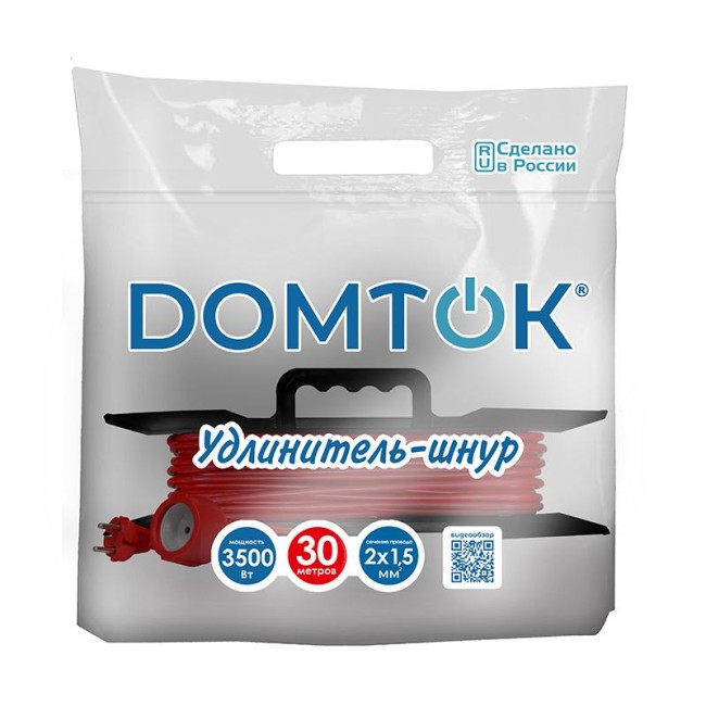 Удлинитель-шнур на рамке 1х30м без заземл. 16А IP20 3.5кВт ПВС 2х1.5 DOMTOK 2404 Удлинитель-шнур на рамке 1х30м без заземл. 16А IP20 3.5кВт ПВС 2х1.5 DOMTOK 2404
